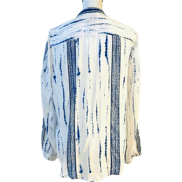 Chico's Button-Up Long Sleeve Shirt Boho Tie-Dye Effect Women 1 (M) White Blue - Picture 3 of 13